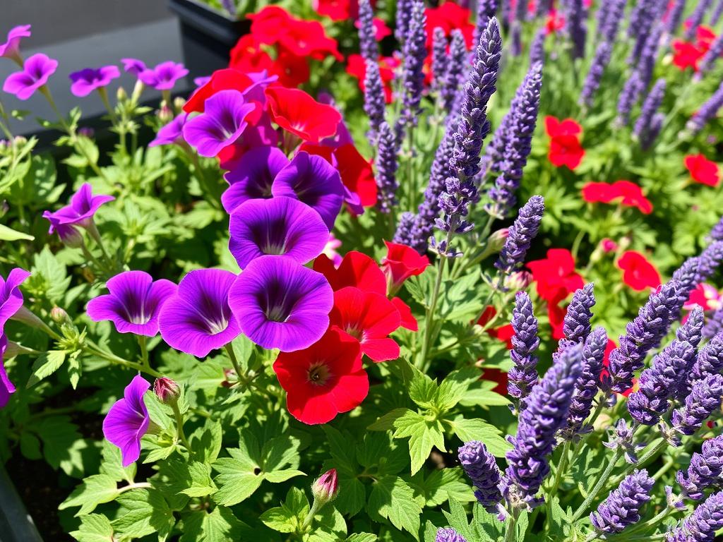Typische Sommerblumen mit Petunien, Geranien und Lavendel in voller Blüte