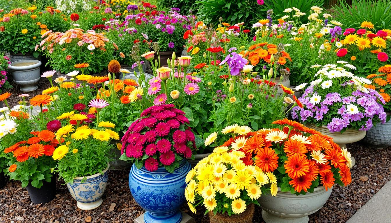Farbenfrohe Sommerblumen-Arrangements in Beeten und Kübeln