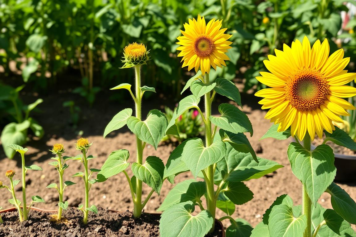Sonnenblumen in verschiedenen Wachstumsstadien von Sämling bis Blüte