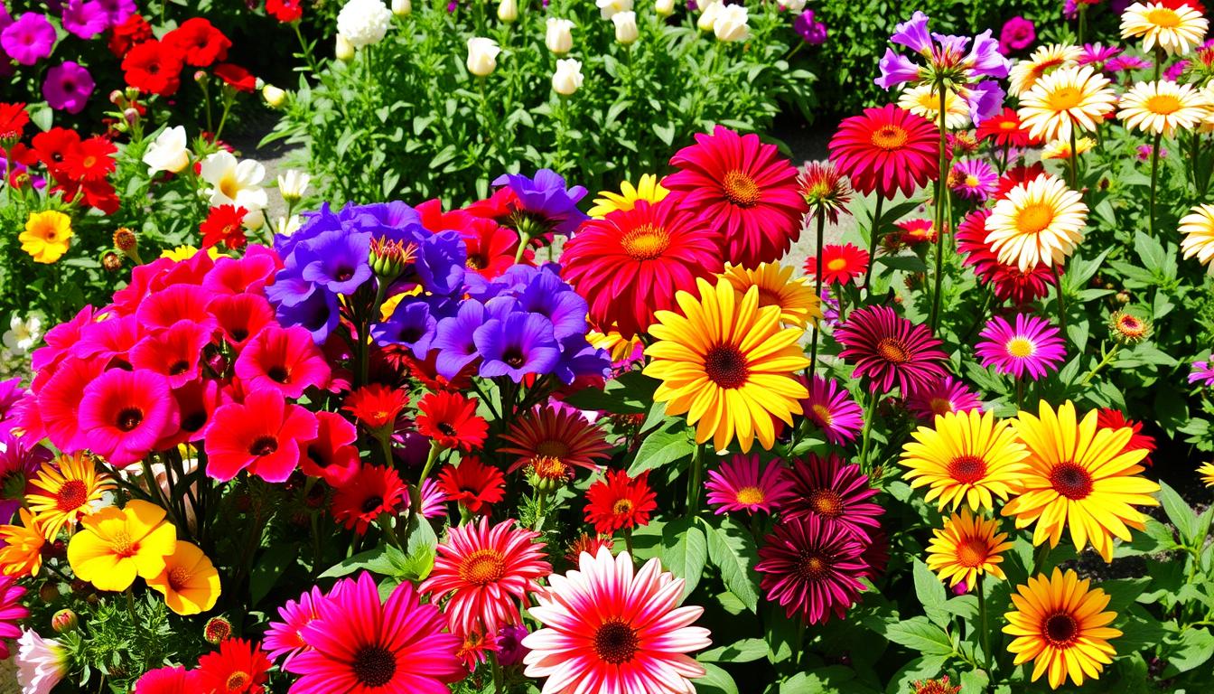 Verschiedene blühende Sommerblumen in einem Garten mit Petunien, Geranien und Dahlien