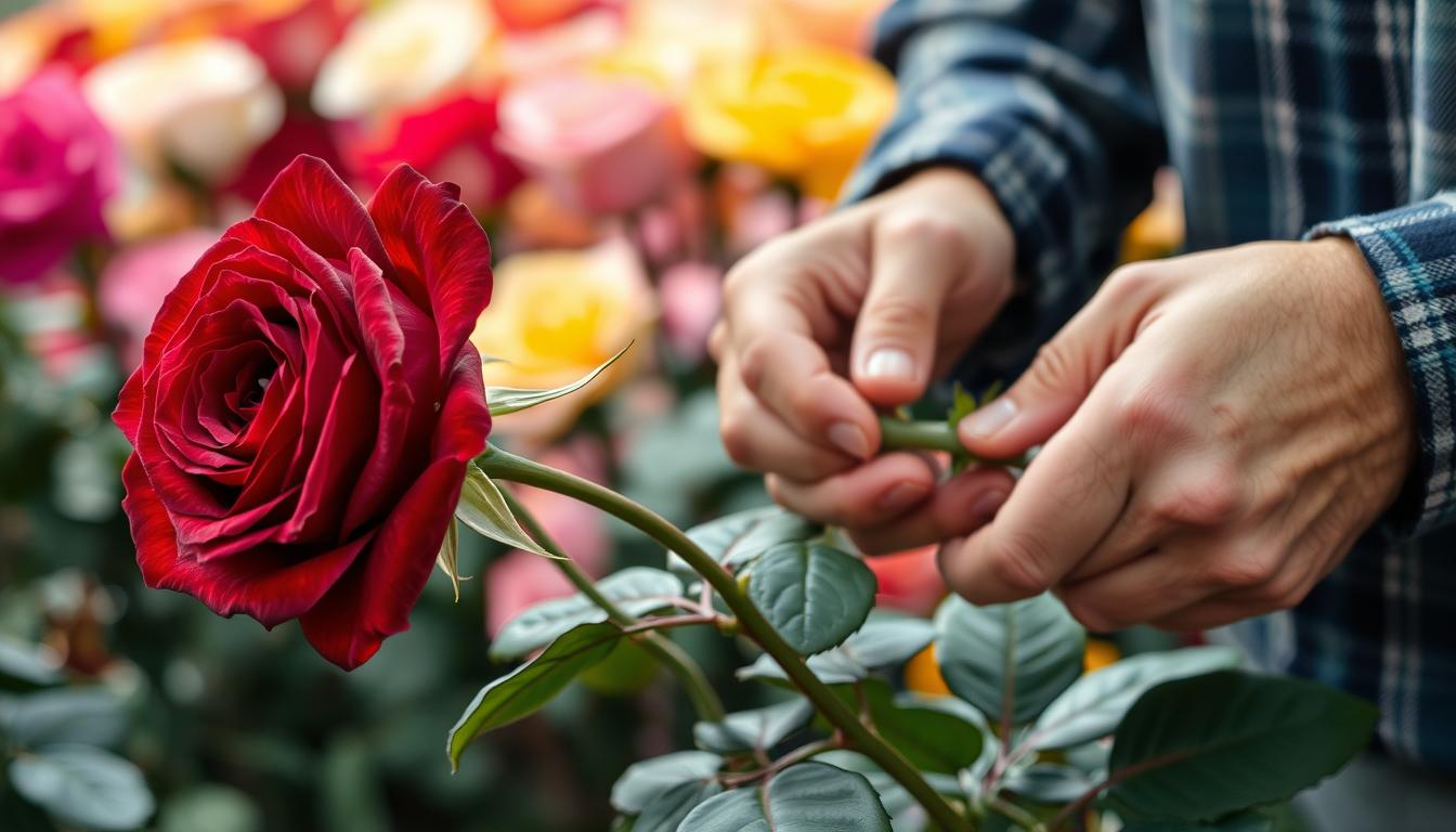 A close-up photograph of a skilled rose breeder's hands carefully pruning the stems of a lush, vibrant edelrose. The rose's deep crimson petals unfurl in the soft, natural lighting, their velvety texture catching the eye. In the background, a blurred display of premium rose varieties in various colors, hinting at the breeder's expertise and dedication to cultivating the finest quality roses. The overall scene conveys a sense of artistry, precision, and the proud passion of a true rose connoisseur, reflecting the quality and care that goes into online rose orders.