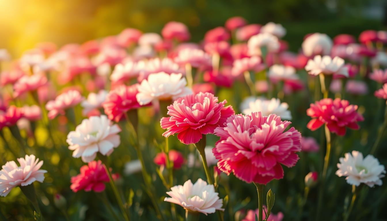 Ein üppiges, leuchtendes Feld voller blühender Nelken (Dianthus caryophyllus), deren zarte Blütenblätter sich in der warmen Sonne entfalten. Die Blumen sind in einem weichen, romantischen Fokus eingefangen, wobei ihre leuchtenden Rosa-, Rot- und Weißtöne einen wunderschönen Kontrast zum verschwommenen, grünen Laub im Hintergrund bilden.