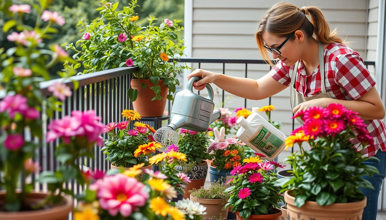 Pflege von Sommerblumen mit Gießkanne und Dünger