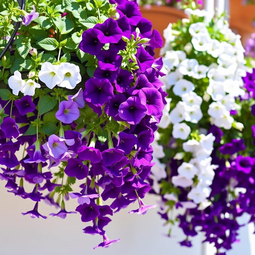 Violette und weiße Petunien in Hängekörben