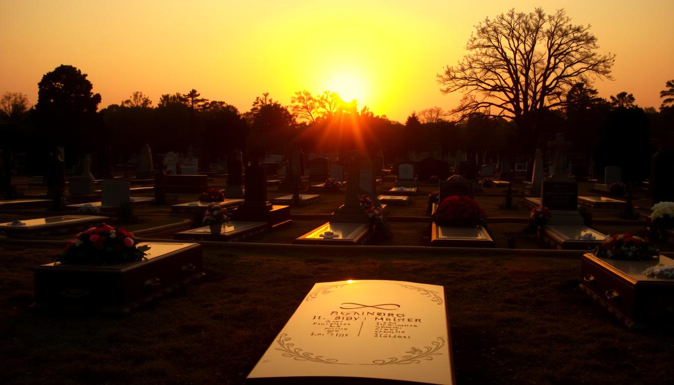 Sonnenuntergang über einem Friedhof mit verschiedenen Grabgestecke Trauergesteck