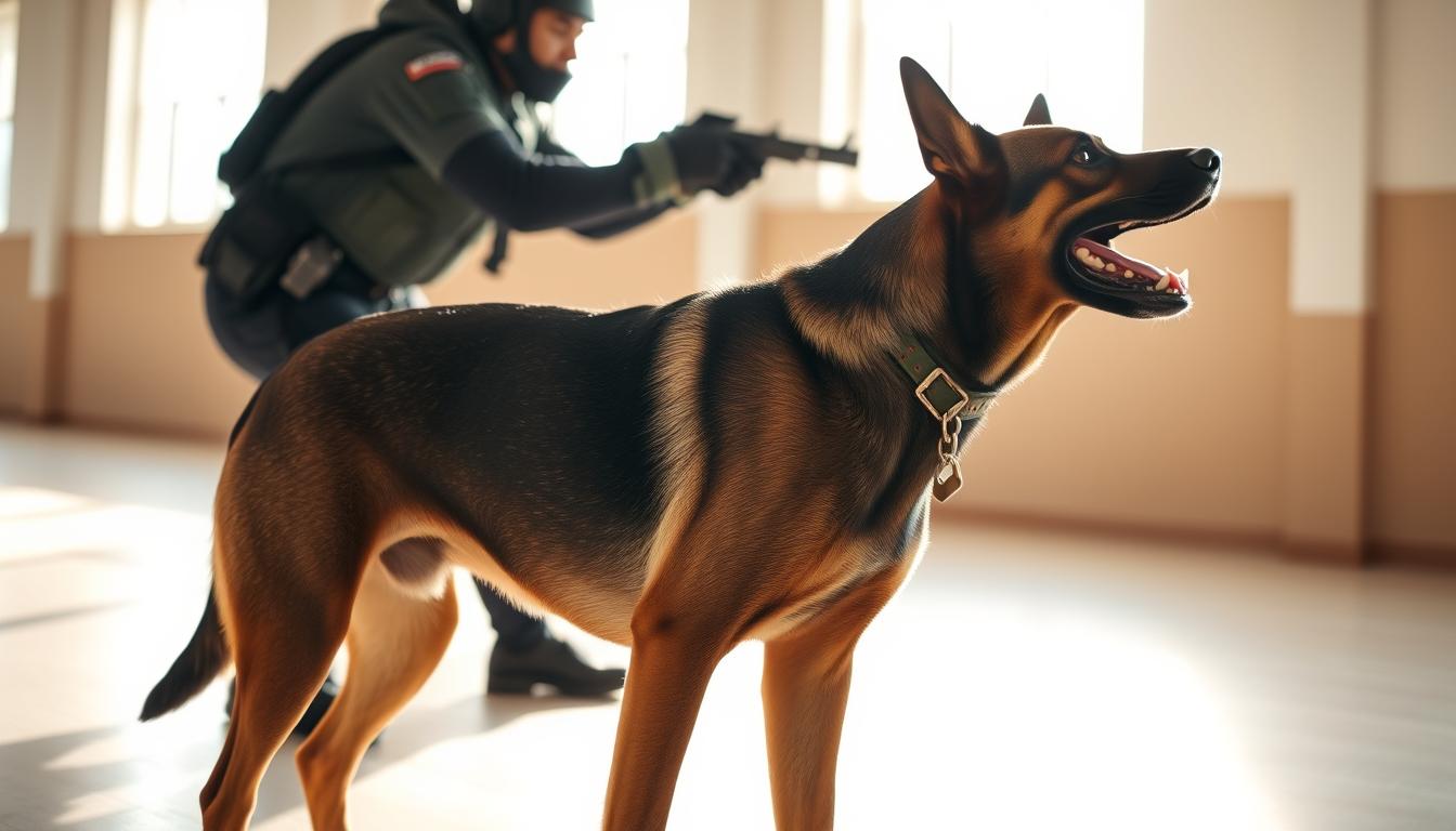 A well-trained protection dog, alert and focused, stands in a spacious training facility. Bright natural light streams in through large windows, casting a warm, gentle glow on the scene. The dog's powerful, muscular frame is poised and ready, its eyes intently scanning the environment for any potential threats. In the middle ground, a handler in a protective suit demonstrates defensive techniques, guiding the dog through its paces with firm, confident commands. The background is crisp and clean, with a sense of order and professionalism, reflecting the disciplined nature of protection dog training.