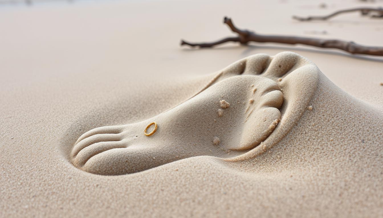 A well-worn, weathered footprint in the sand, the imprint of a barefoot step captured in exquisite detail. The sandy ground is slightly damp, with a soft, textured surface that gently curves around the contours of the foot. The lighting is natural and diffused, casting soft shadows that highlight the depth and shape of the footprint. The background is a serene, tranquil beach scene, with the gentle lapping of waves in the distance and a subtle hint of driftwood or shells nearby, conveying a sense of mindfulness and connection to nature. The overall mood is one of simplicity, sustainability, and a gentle reminder to tread lightly on the earth.