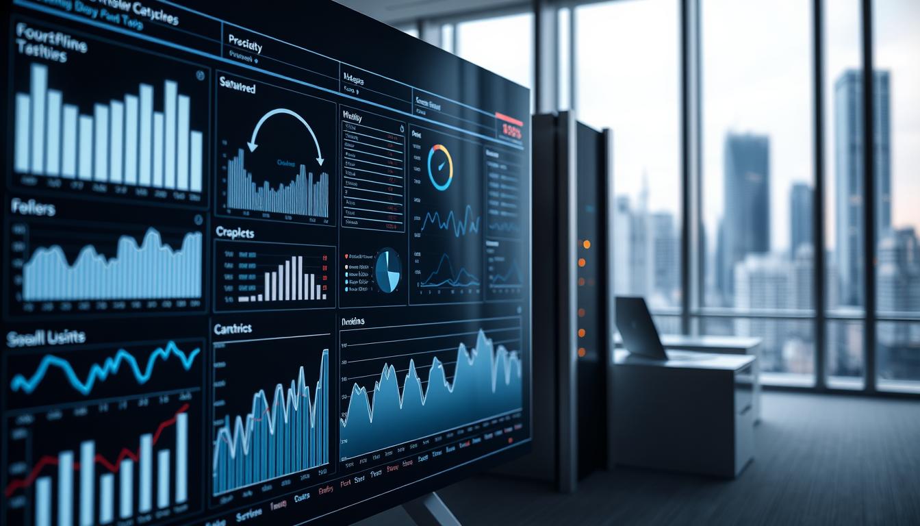 A high-contrast data visualization dashboard with clean, minimalist design. The foreground features a set of dynamic, interactive charts and graphs displaying various statistical metrics and performance indicators. The middle ground showcases a sleek, metallic data server rack, its lights blinking rhythmically. The background depicts a softly lit, corporate office setting with floor-to-ceiling windows overlooking a modern city skyline. The overall mood is one of precision, efficiency, and data-driven decision making.