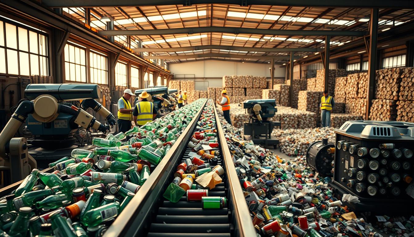 A bustling recycling center, bathed in warm, diffused lighting filtering through large windows. In the foreground, a conveyor belt slowly moves a variety of recyclable materials - glass bottles, aluminum cans, paper and plastic. Robotic arms gracefully sort and separate the items. In the middle ground, workers in high-visibility vests inspect the flow, making adjustments as needed. The background reveals a panoramic view of the facility, with towering bales of compacted materials awaiting transport. The overall scene conveys a sense of efficiency, environmental responsibility, and a commitment to a sustainable future.
