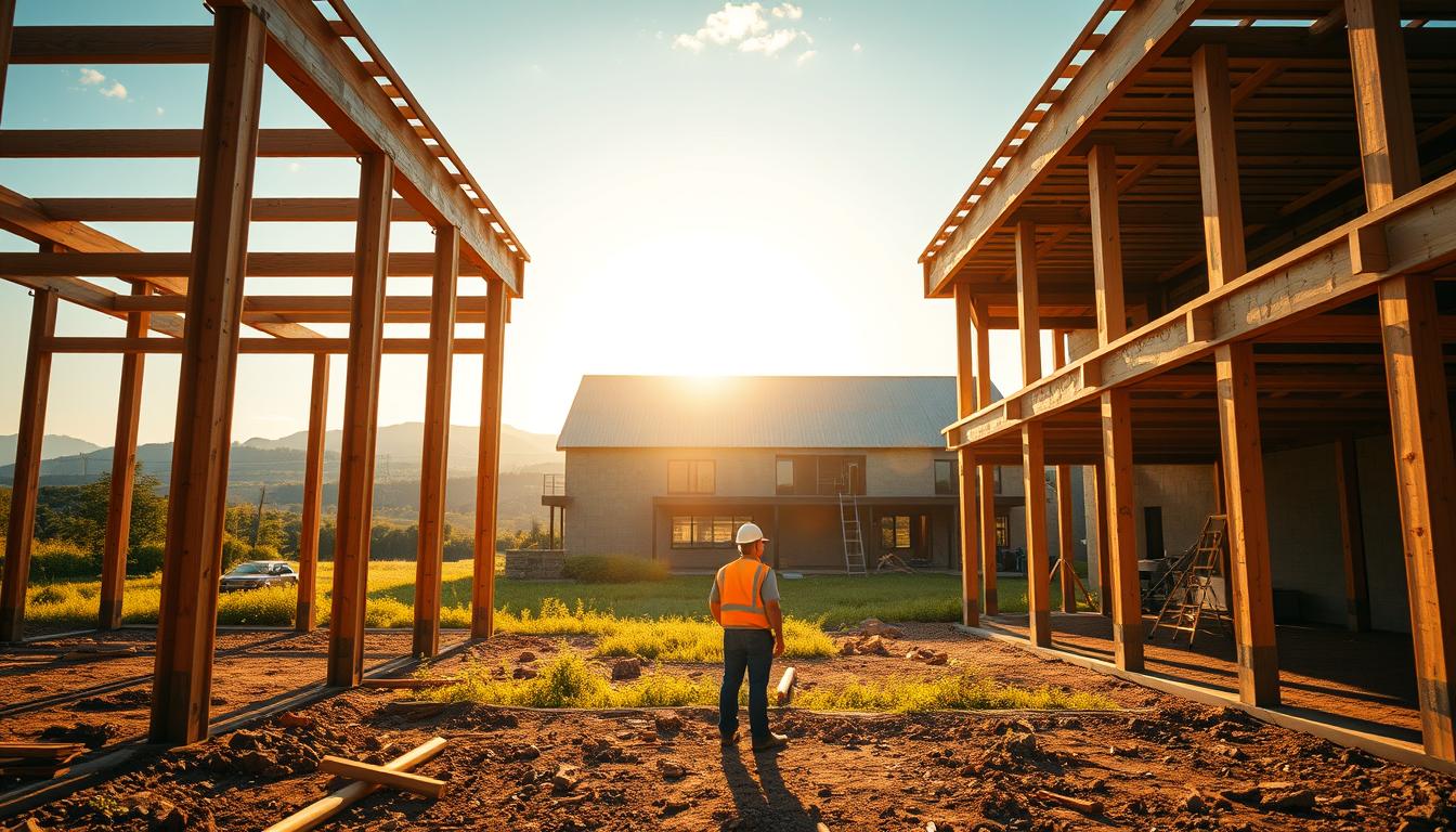 A serene lifecycle of a sustainable building, captured in a cinematic wide-angle view. In the foreground, a construction worker stands amid the framework, symbolizing the birth of the structure. The middle ground showcases the completed building, its energy-efficient design and solar panels reflecting the sun's rays. In the background, a lush, verdant landscape gently fades into the horizon, representing the natural harmony of the built environment. The scene is illuminated by warm, golden lighting, conveying a sense of balance and tranquility. The camera's angle emphasizes the cyclical nature of the building's lifecycle, from initial construction to a thriving, eco-friendly existence.