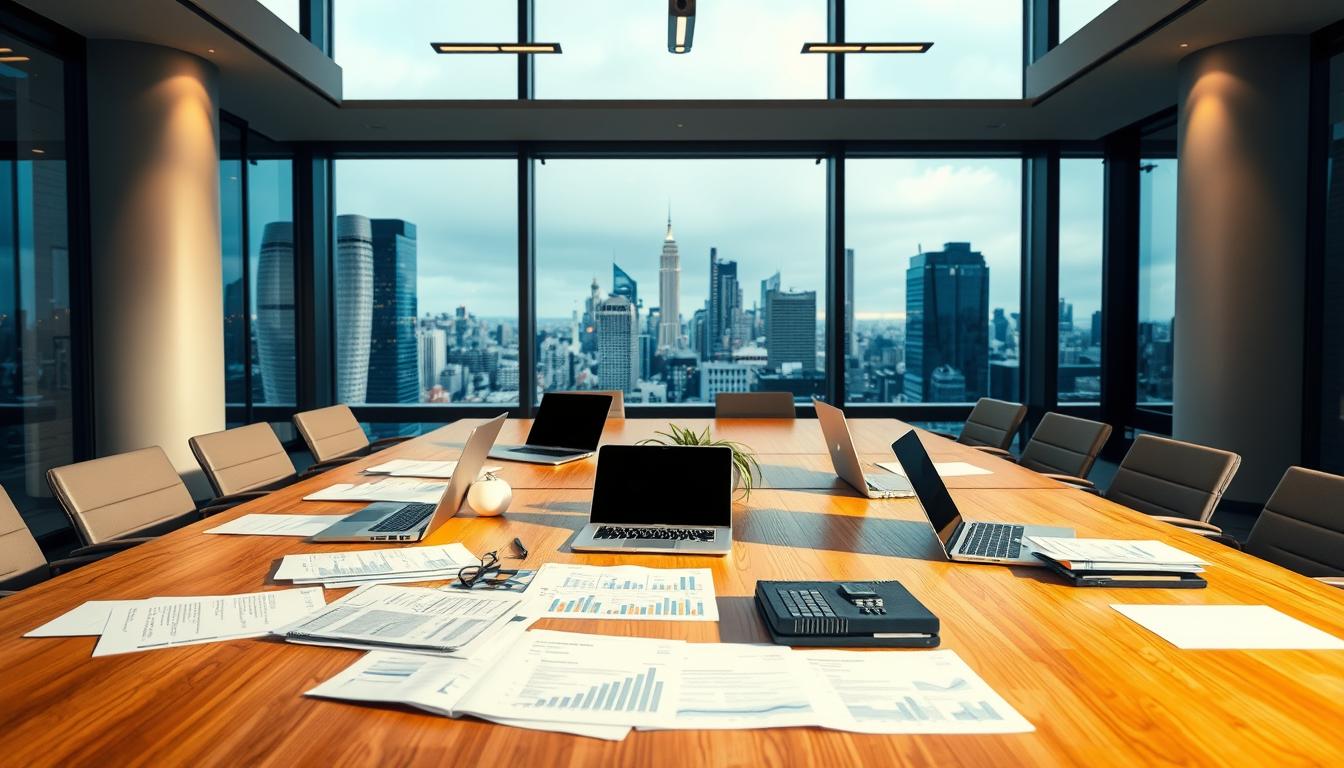 A modern office interior with a large wooden conference table. On the table, various documents, laptops, and financial reports are neatly arranged, symbolizing the planning and budgeting process for ESG initiatives. The lighting is soft and warm, creating a professional yet inviting atmosphere. In the background, floor-to-ceiling windows offer a view of a bustling city skyline, hinting at the global impact of these sustainability efforts. The scene conveys a sense of focus, collaboration, and a commitment to driving positive change through strategic ESG budget planning.