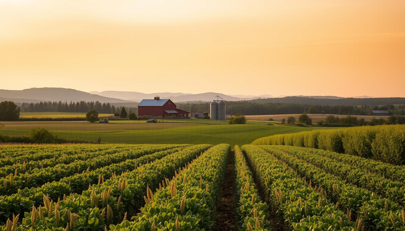 A sprawling farmland landscape under a warm, golden-hued afternoon sky. In the foreground, lush rows of ripening crops sway gently in the breeze - vibrant vegetables, verdant grains, and sprawling orchards heavy with fruit. Farmers tend to their fields, tilling the soil and harvesting the bounty. In the middle ground, a red barn and silos stand tall, a testament to the region's agricultural heritage. Distant rolling hills and forests form the background, hinting at the delicate balance between nature and human cultivation. The scene exudes a sense of resilience, productivity, and the challenges of sustaining food production amid a changing climate.