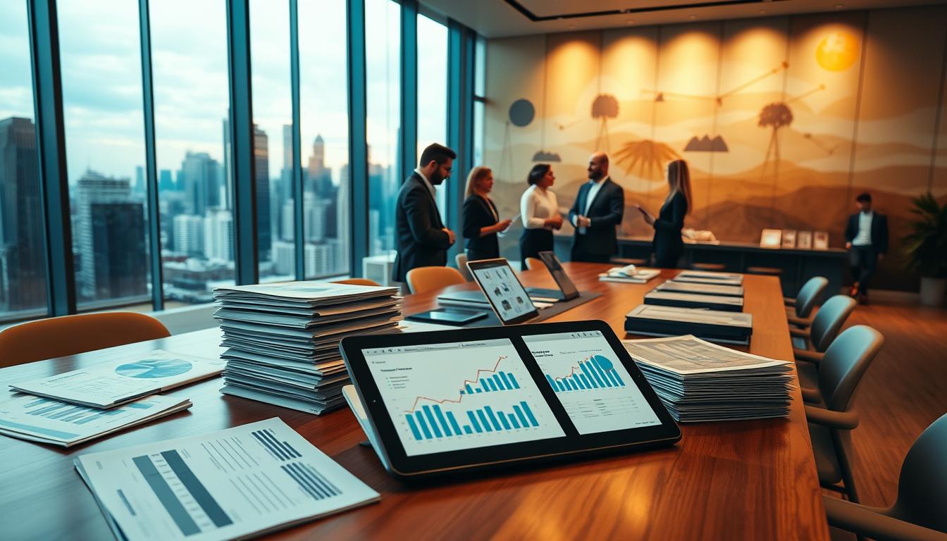 A sleek, modern office setting with an expansive view of a bustling city skyline through floor-to-ceiling windows. In the foreground, a polished wooden table is adorned with stacks of financial reports, laptops, and a tablet displaying charts and graphs related to climate fund investments. Warm, directional lighting casts a soft glow, highlighting the attention to detail and professionalism of the space. The middle ground features several well-dressed professionals engaged in animated discussions, their body language conveying a sense of collaboration and purpose. In the background, a large, abstract mural in earthy tones and geometric patterns evokes themes of sustainability and environmental stewardship. An atmosphere of innovation, progress, and a shared commitment to making a positive impact permeates the scene.