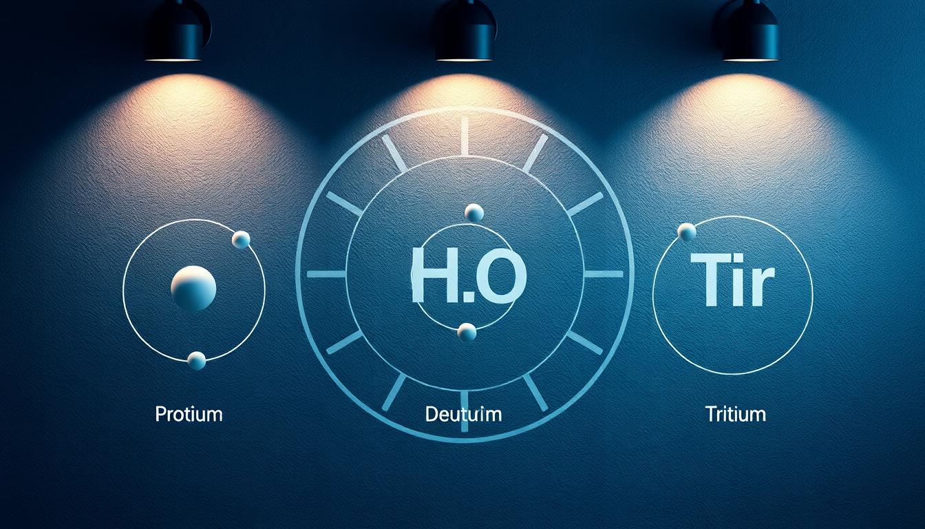 A detailed scientific illustration showcasing the three naturally occurring hydrogen isotopes: protium, deuterium, and tritium. The foreground depicts the atomic structure of each isotope, with protons and neutrons precisely rendered in a clean, minimalist style. The middle ground features a circular periodic table motif, highlighting the position of hydrogen and its isotopes. The background displays a subtle, textured gradient in cool tones, evoking a sense of scientific inquiry and exploration. Crisp lighting from multiple angles illuminates the subject, capturing the intricate details and creating a sense of depth and dimensionality. The overall composition conveys a harmonious balance between technical precision and visual elegance, perfectly suited to illustrate the section on "Isotopes of Hydrogen: Protium, Deuterium, and Tritium".