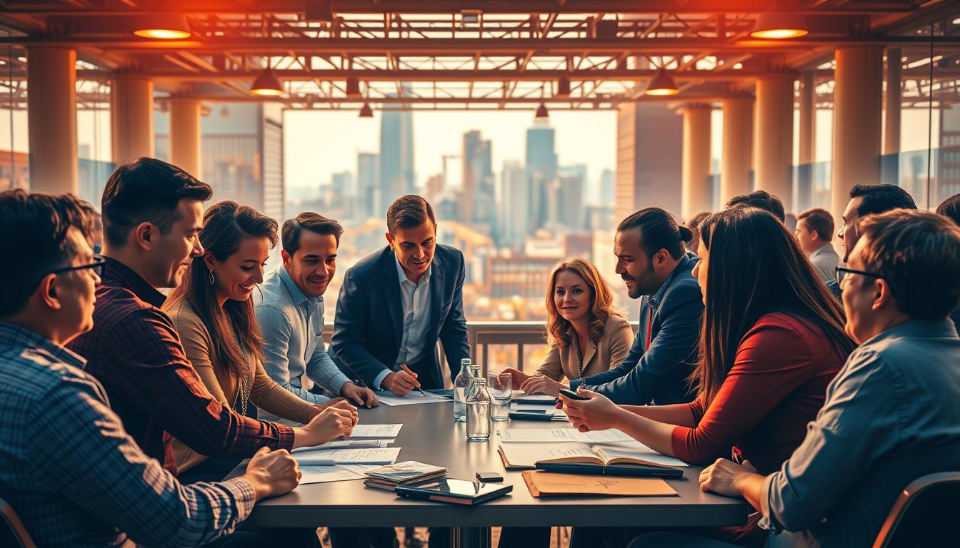 A bustling urban setting, with diverse stakeholders from government, nonprofit, and corporate sectors engaged in dynamic discussions around a centralized table. The lighting is warm and focused, creating an atmosphere of collaboration and innovation. The participants are leaning in, exchanging ideas passionately, their expressions conveying a sense of shared purpose. In the background, a cityscape of skyscrapers and infrastructure suggests the broader societal context. The overall scene evokes a spirit of cross-sector synergy, where multiple disciplines and perspectives converge to drive positive change.