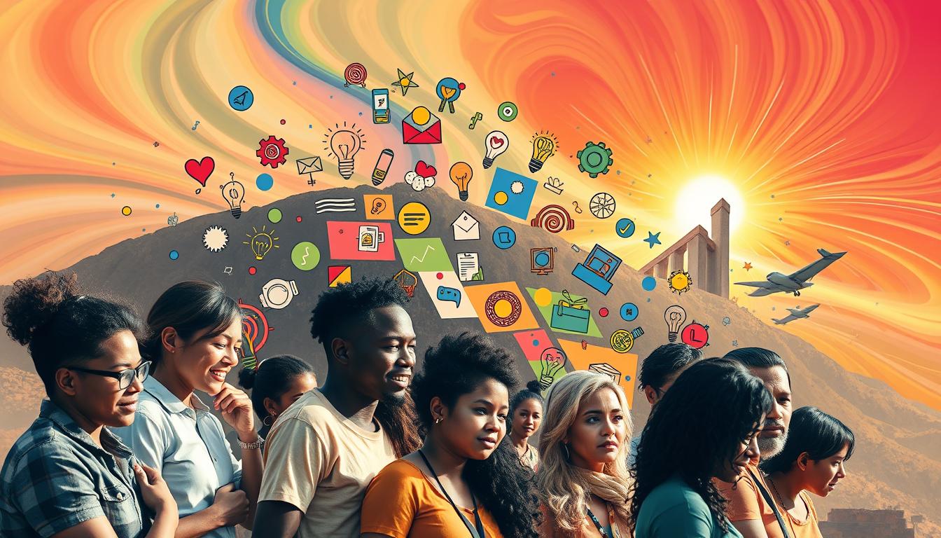 A vibrant, dynamic scene showcasing the core characteristics of social innovation. In the foreground, a diverse group of people collaborate intently, their expressions conveying a sense of purpose and commitment. The middle ground features a patchwork of innovative ideas, represented by abstract shapes and symbols, each one representing a different aspect of social impact. The background is a swirling, energetic landscape, with bursts of color and light, conveying the transformative power of social innovation. The scene is illuminated by a warm, natural lighting, creating a sense of optimism and possibility. The overall composition is balanced, with a strong sense of movement and depth, drawing the viewer in to explore the interplay of people, ideas, and the transformative potential of social change.