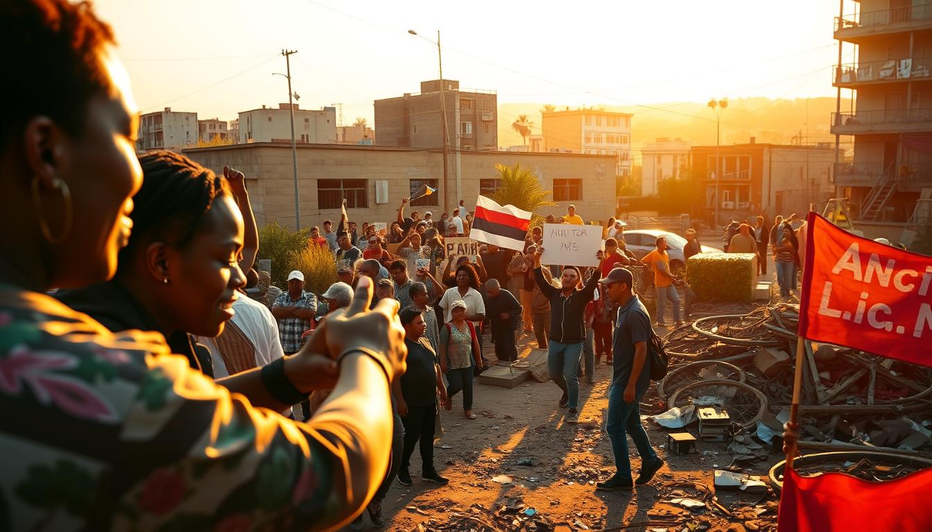 A vibrant, thought-provoking scene showcasing examples of positive and negative social impact. In the foreground, a person helps a community member, embodying compassion and empowerment. In the middle ground, a protest unfolds, capturing the spirit of activism and resistance. In the background, a landscape of urban decay and neglect, symbolizing systemic challenges. Warm, golden lighting casts a hopeful glow, while strategic camera angles accentuate the contrasts between the three layers. The overall atmosphere evokes a sense of dynamic change, where individual actions and collective efforts can shape a more equitable future.