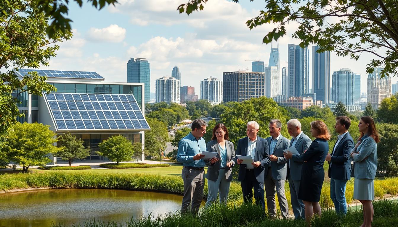 A solar-powered office building stands in the foreground, surrounded by lush green trees and a serene pond. In the middle ground, a team of researchers and government officials are discussing project proposals, their expressions animated as they review financial figures and environmental impact assessments. In the background, a cityscape of modern high-rises and bustling streets hints at the broader context of sustainable urban development. The overall scene conveys a sense of progress, collaboration, and a commitment to funding impactful environmental projects through government grants and programs.