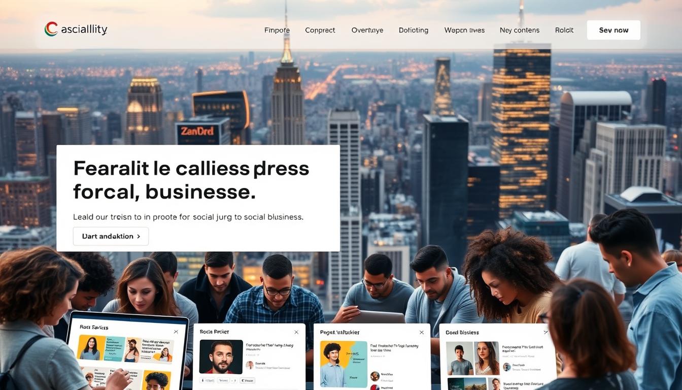 A sleek, modern crowdfunding platform for social businesses, set against a backdrop of a bustling city skyline. In the foreground, a diverse group of entrepreneurs pitch their impactful ideas, their laptops and presentation boards illuminated by warm, focused lighting. In the middle ground, potential backers browse through project profiles, expressions of intrigue and anticipation on their faces. The platform's interface is clean and intuitive, guiding users through the process of investing in socially conscious ventures. The overall atmosphere conveys a sense of collaboration, innovation, and a shared commitment to driving positive change in the community.