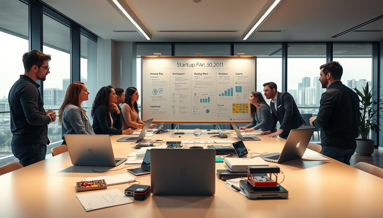 A sleek, modern office space with large windows and clean lines. In the foreground, a team of young, diverse entrepreneurs gathered around a table, discussing their startup plan. Laptops, notepads, and prototypes litter the surface, conveying a sense of focused, innovative activity. The middle ground features a large, interactive whiteboard displaying a detailed business plan and impact metrics. Soft, directional lighting illuminates the scene, creating a warm, productive atmosphere. The background showcases a cityscape through the windows, hinting at the startup's ambitions to make a difference in the world.