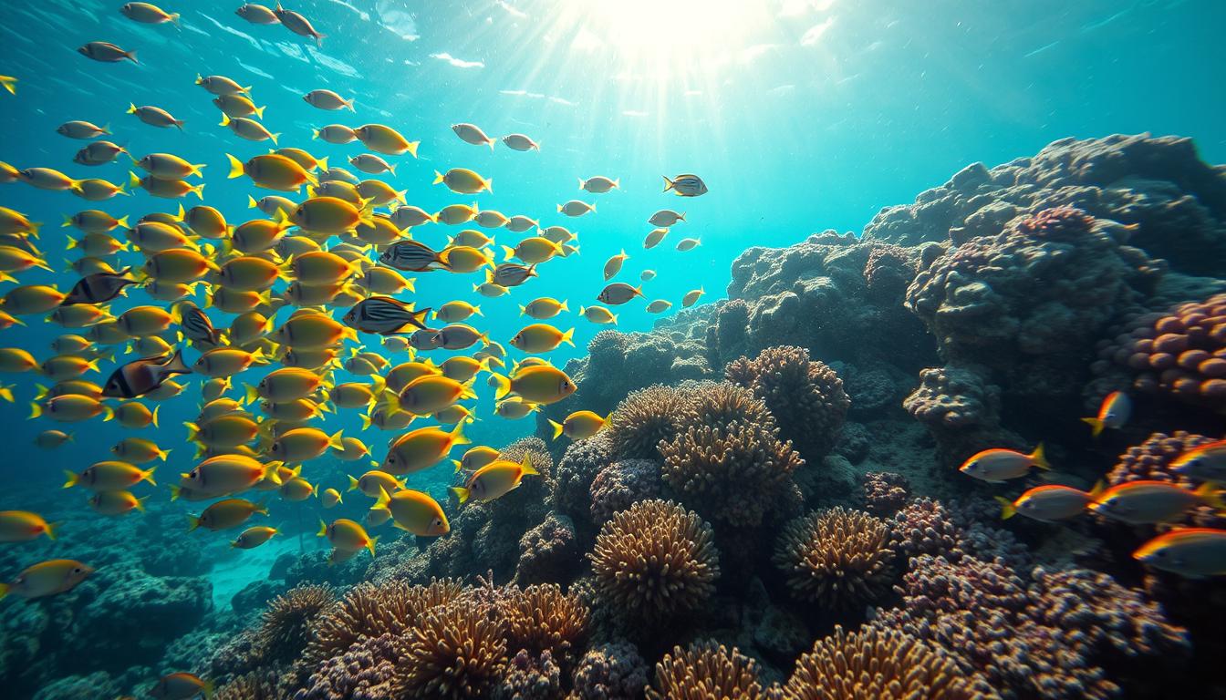A vibrant marine ecosystem teeming with diverse life forms. In the foreground, a school of tropical fish in a kaleidoscope of colors dart through the crystal clear waters. The middle ground reveals a lush coral reef, its intricate structures providing a home for a myriad of invertebrates and small crustaceans. In the background, sunlight filters down through the surface, illuminating the scene with a warm, golden glow. The composition captures the delicate balance and beauty of a healthy, thriving ocean environment, conveying the importance of protecting these vital ecosystems.