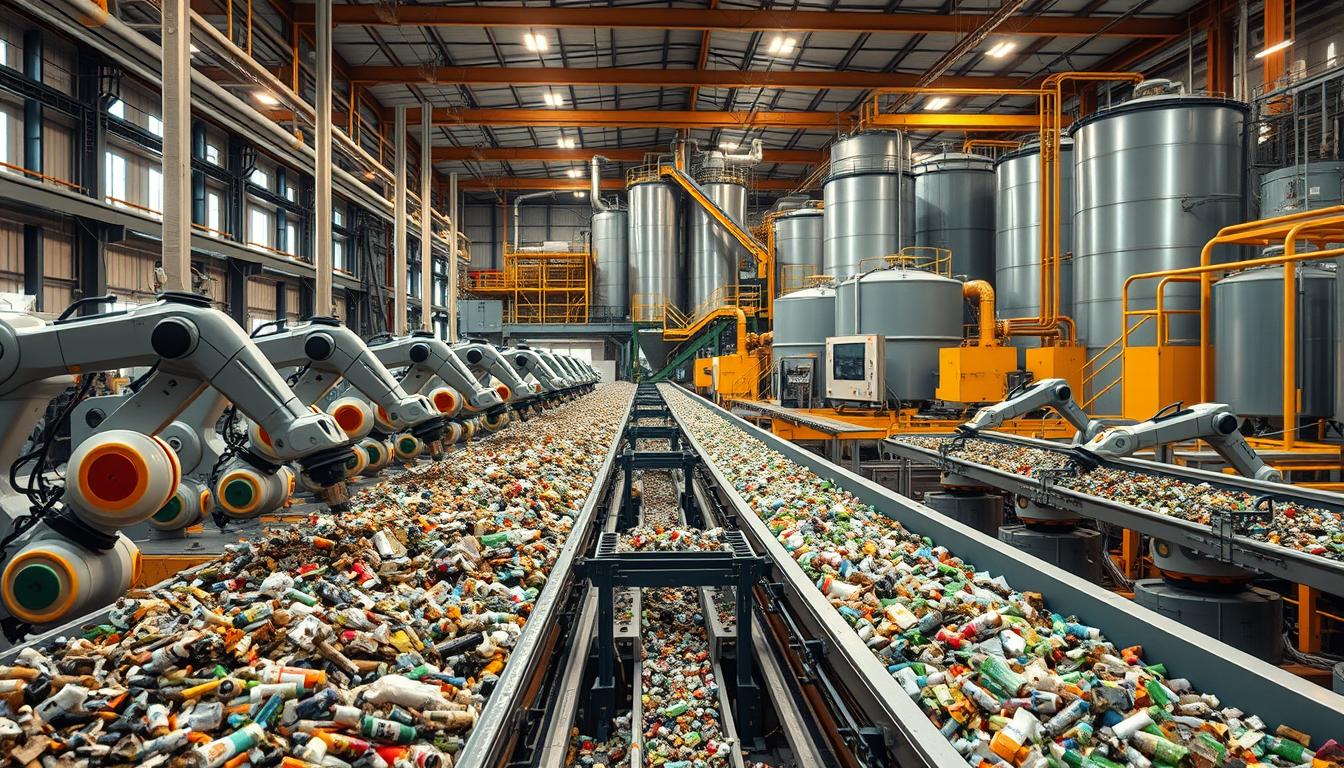 A high-tech waste management facility, the centerpiece of a sustainable future. In the foreground, an array of robotic arms diligently sorting and processing an endless stream of recyclables, their movements choreographed with precision. The middle ground reveals a network of conveyor belts transporting materials to specialized treatment areas, where advanced technologies convert waste into valuable resources. Bathed in the warm glow of energy-efficient lighting, the facility exudes a sense of order and environmental stewardship. In the background, towering silos and storage tanks hold the processed materials, ready to be reintegrated into the circular economy. The scene conveys a harmonious balance between human ingenuity, technological innovation, and a deep respect for the planet.