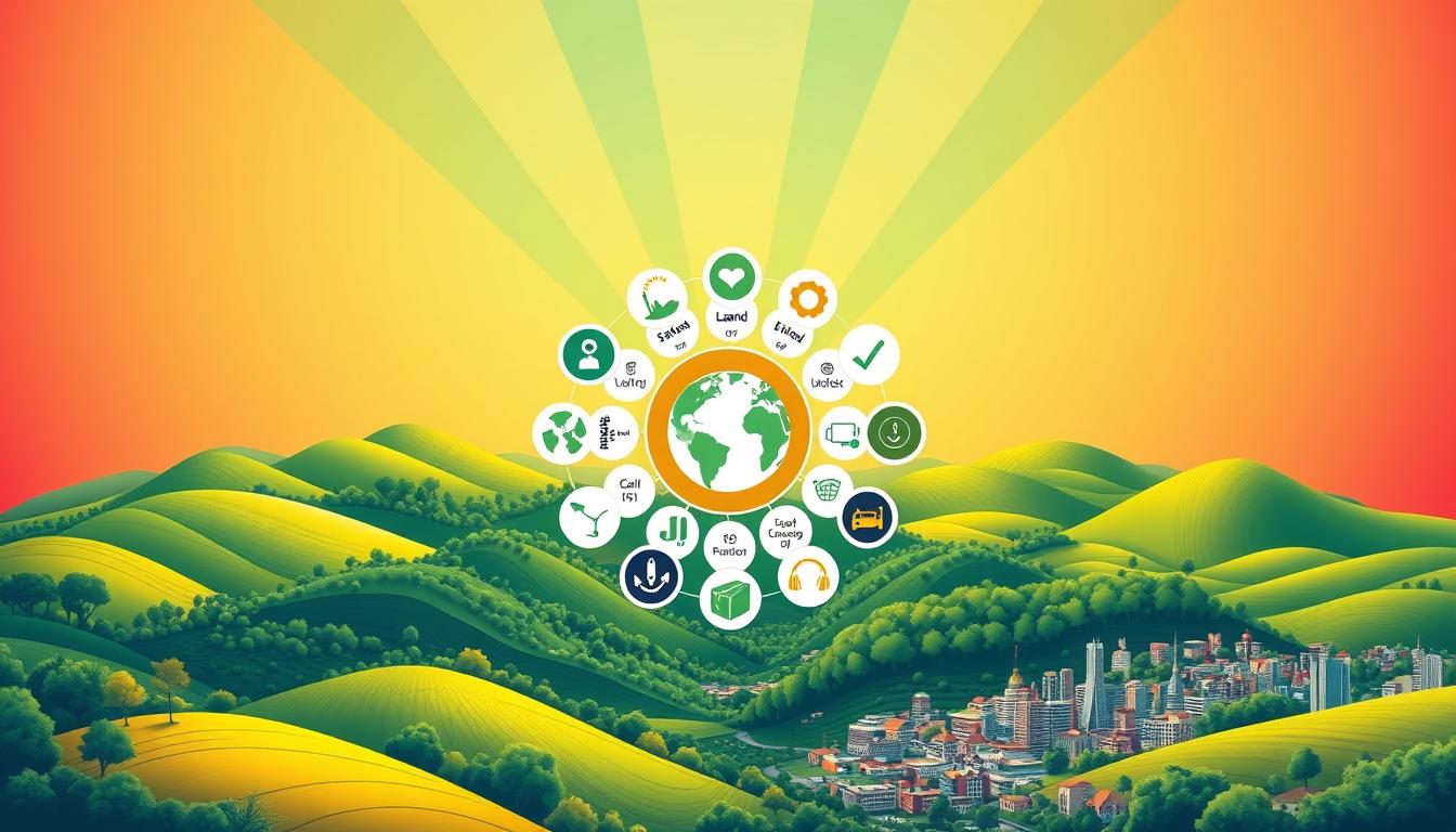 A vibrant and dynamic illustration showcasing the 17 Sustainable Development Goals. In the foreground, a central circular design featuring the iconic global goal icons, arranged in a harmonious and balanced composition. The middle ground depicts lush, diverse landscapes representing the interconnected nature of the goals - rolling hills, flourishing forests, and bustling cities. In the background, a colorful, gradient-rich sky, with rays of light streaming down, symbolizing a hopeful and optimistic future. The overall scene conveys a sense of unity, progress, and a commitment to a more sustainable and equitable world. Rendered in a clean, modern style with a focus on bold colors, dynamic shapes, and a sense of movement.