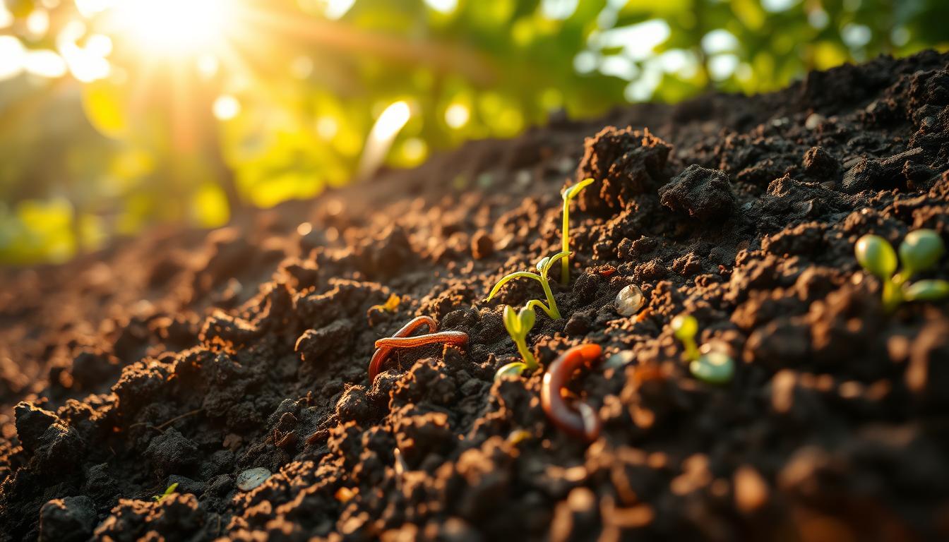 A rich, loamy urban soil in close-up, teeming with microbial life and organic matter. Warm, golden sunlight filters through a canopy of lush greenery, casting gentle shadows across the textured surface. The soil's dark, crumbly structure is interspersed with vibrant roots, earthworms, and the occasional sprouting seedling, hinting at the potential for bountiful growth. The composition emphasizes the vital role of healthy soil in creating a thriving, sustainable urban agriculture ecosystem, ready to support a variety of cultivated plants. Captured with a shallow depth of field and a macro lens to highlight the intricate details and natural beauty of this essential living medium.