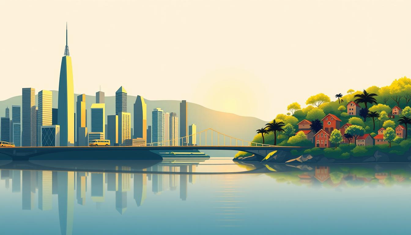 A serene and stylized illustration depicting the key differences between ESG (Environmental, Social, and Governance) investing and impact investing. On the left, a majestic cityscape with sleek high-rises representing the financial landscape of ESG, while on the right, a verdant, sustainable community symbolizes the tangible social and environmental impact of impact investing. The two scenes are connected by a bridge, illustrating the overlap and interplay between these investment approaches. Lighting is warm and golden, creating a sense of harmony and balance. The composition is carefully balanced, with a clean, minimalist aesthetic that allows the core concepts to shine.