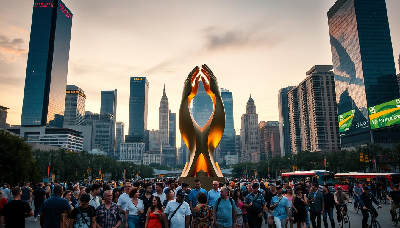 A bustling city skyline at dusk, with towering skyscrapers and a mix of modern and historic architecture. In the foreground, a diverse group of people gathered around a central, illuminated sculpture, their faces lit by a warm, golden glow. The sculpture represents a symbolic gesture of unity, collaboration, and social progress. The mid-ground features a blend of pedestrians, cyclists, and public transportation, all contributing to a sense of dynamic energy and interconnectedness. The background is softly blurred, drawing the viewer's attention to the central focal point, where the impact of collective action is made tangible through the striking sculpture.