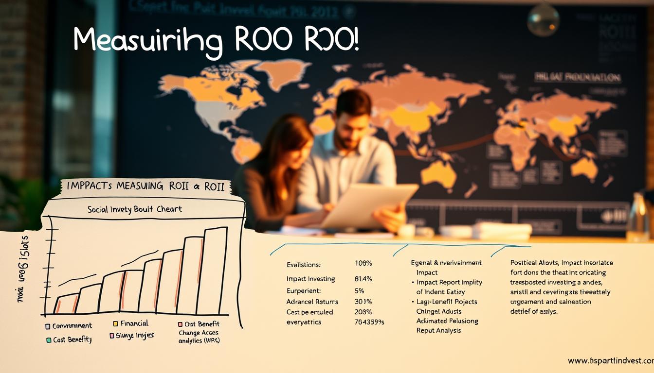 A step-by-step visual guide to measuring ROI in impact investing. In the foreground, a hand-drawn chart showcases key metrics like social and environmental impact, financial returns, and cost-benefit analysis. In the middle ground, a team of analysts pore over data and reports, using advanced analytics tools. In the background, a global map highlights diverse impact investing projects across regions. The scene is illuminated by warm, natural lighting, conveying a sense of diligence, collaboration, and a commitment to data-driven decision making in the pursuit of positive change.