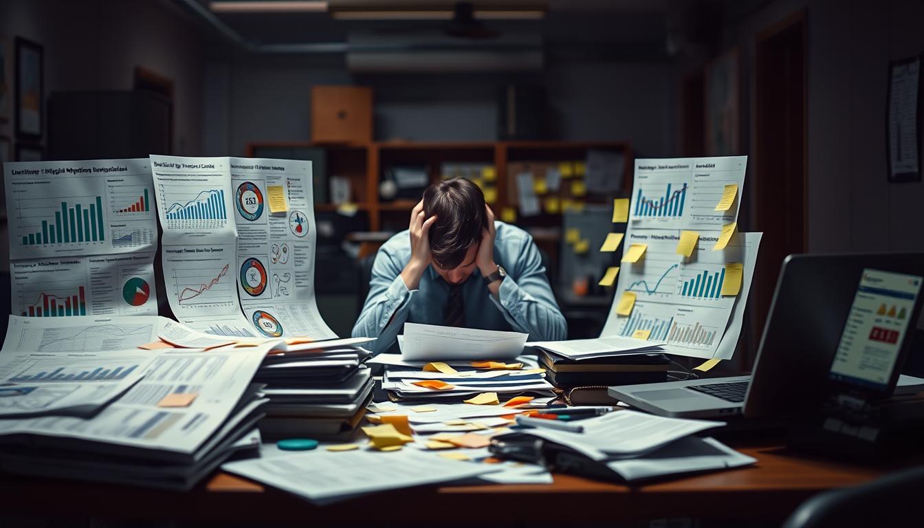 A dimly lit office setting, with a cluttered desk in the foreground. On the desk, various documents, spreadsheets, and a laptop display a confusing array of data visualizations and metrics. In the middle ground, a frustrated employee sits hunched over, surrounded by a maze of Post-it notes and loose papers. The background is blurred, hinting at a larger organization, but the focus remains on the individual's struggle to make sense of the overwhelming information. The scene conveys a sense of inefficiency, complexity, and the common pitfalls encountered in social impact measurement.