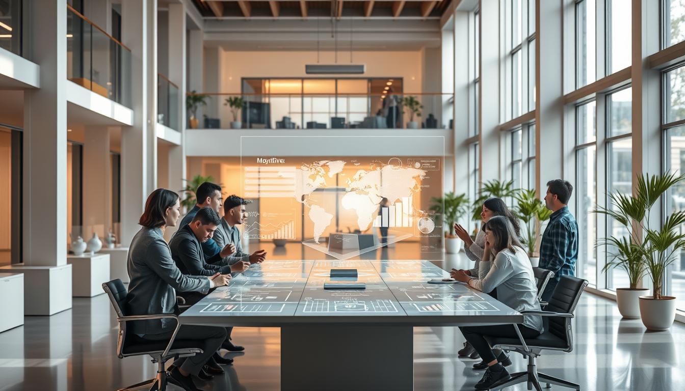 A bustling government office, with bright, natural light streaming through large windows. In the foreground, a group of public sector employees collaborate around a sleek, modern conference table, animated discussion and exchanging ideas. In the middle ground, a holographic display projects intricate data visualizations, highlighting innovative policy proposals. The background features an open, airy atrium, with minimalist architectural design and potted plants, conveying a sense of forward-thinking, collaborative spirit. The lighting is warm and inviting, creating a mood of productivity and progress. A subtle, futuristic atmosphere pervades the scene, reflecting the cutting-edge nature of government innovation.