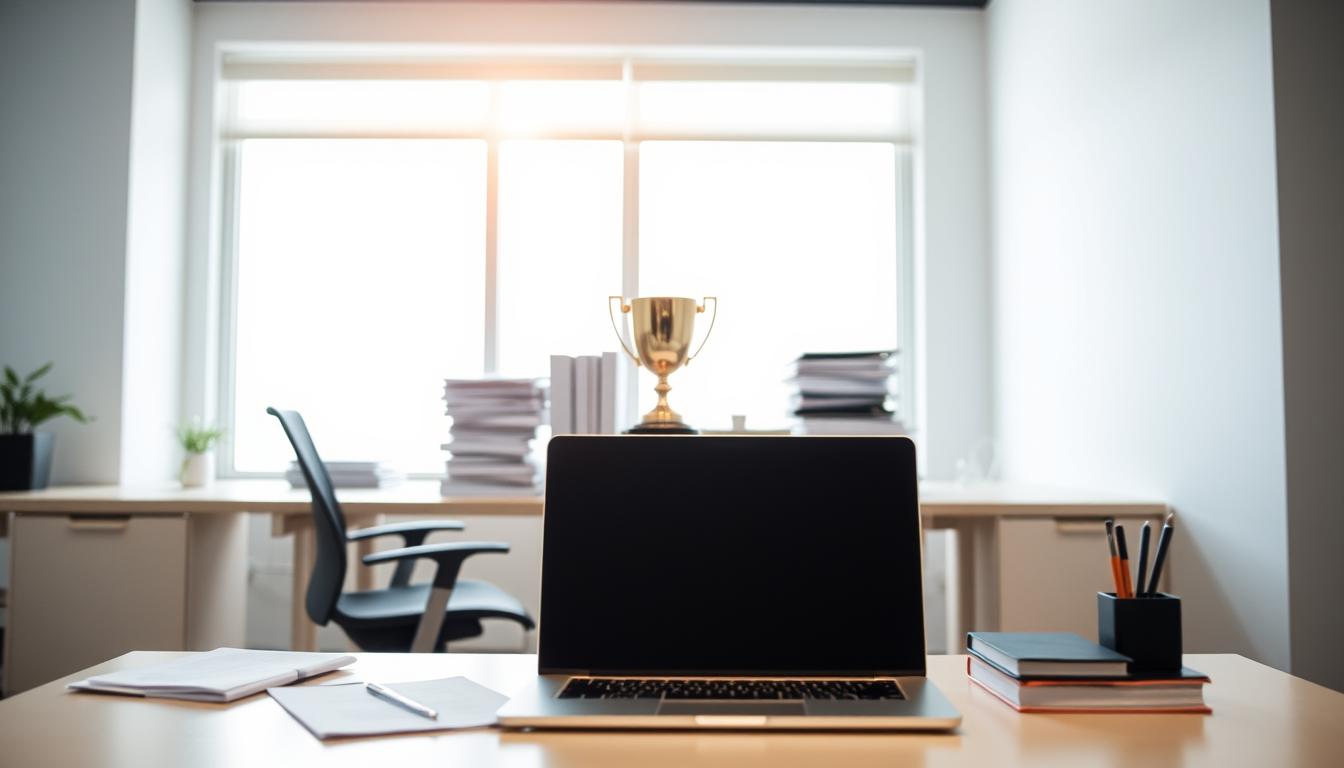 A pristine, well-organized office workspace with a sleek, modern desk and ergonomic chair. In the foreground, a laptop and documents neatly arranged, conveying a sense of professionalism and focus. The middle ground features a trophy, a stack of folders, and a pen holder, symbolizing the hard work and achievement of a successful grant proposal. The background showcases a large window, allowing natural light to flood the space, creating a warm and inviting ambiance. The color palette is a harmonious blend of neutral tones, accentuated by pops of subtle accents, evoking a sophisticated and polished environment. The lighting is soft and diffused, highlighting the key elements and creating depth and dimension within the scene.