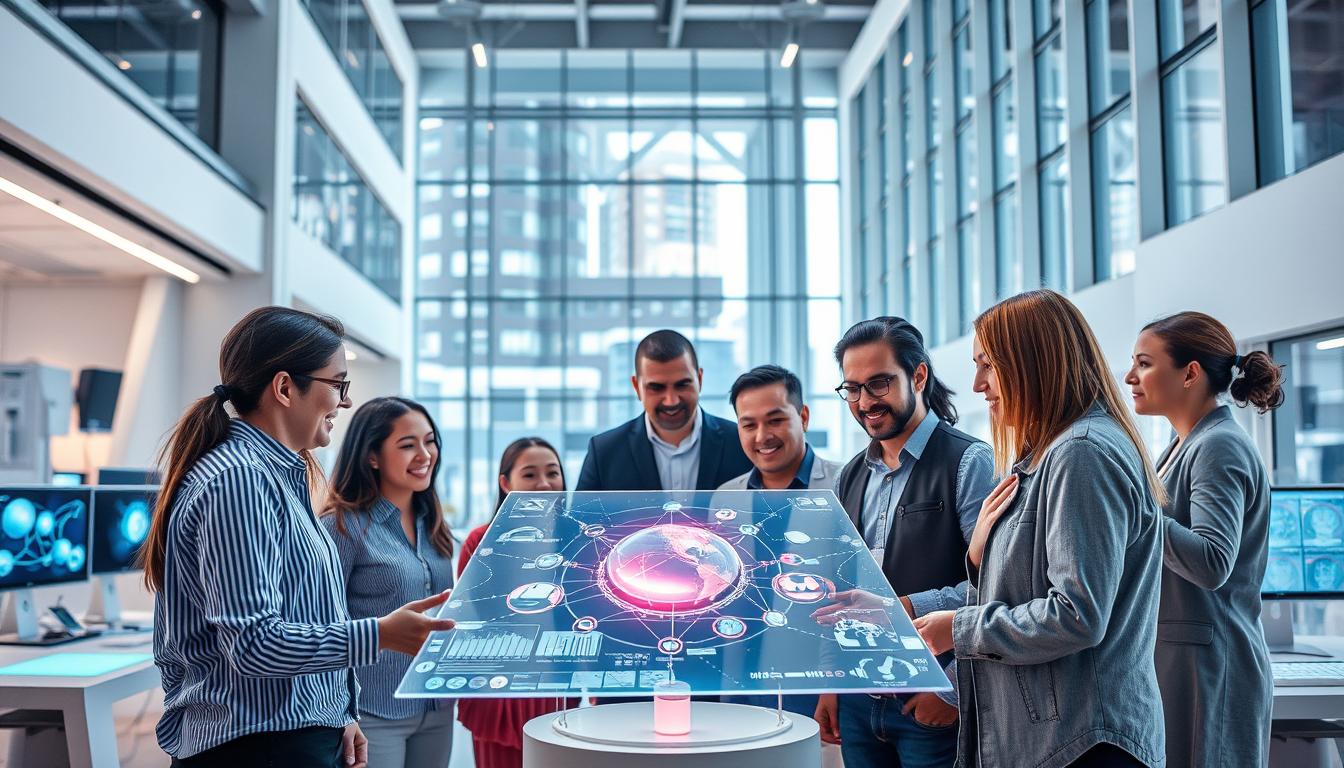 An innovation challenge taking place in a futuristic, high-tech setting. The foreground features a group of diverse individuals gathered around a holographic display, engaged in animated discussion. Crisp, bright lighting illuminates their faces, conveying a sense of collaborative energy and intellectual excitement. In the middle ground, sleek workstations and displays showcase cutting-edge technologies. The background depicts a modern, minimalist architectural space with floor-to-ceiling windows, allowing natural light to flood the scene. The overall atmosphere radiates innovation, creativity, and the collective pursuit of new ideas to drive social progress.