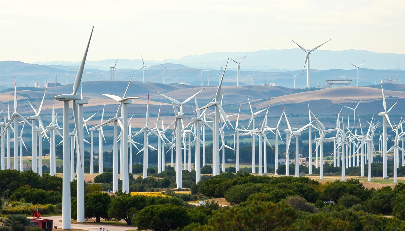 A panoramic view of various wind turbine models, showcasing their unique designs and technological advancements. In the foreground, a cluster of modern, sleek wind turbines with tall, tapered towers and large, efficient rotor blades. In the middle ground, a range of older, smaller-scale turbines, including classic three-bladed and two-bladed designs. In the background, a diverse array of innovative turbine types, such as vertical-axis, floating, and offshore models, set against a picturesque landscape of rolling hills and a bright, overcast sky. The scene is captured with a wide-angle lens, emphasizing the scale and variety of wind turbine technologies, illuminated by soft, diffused natural lighting.