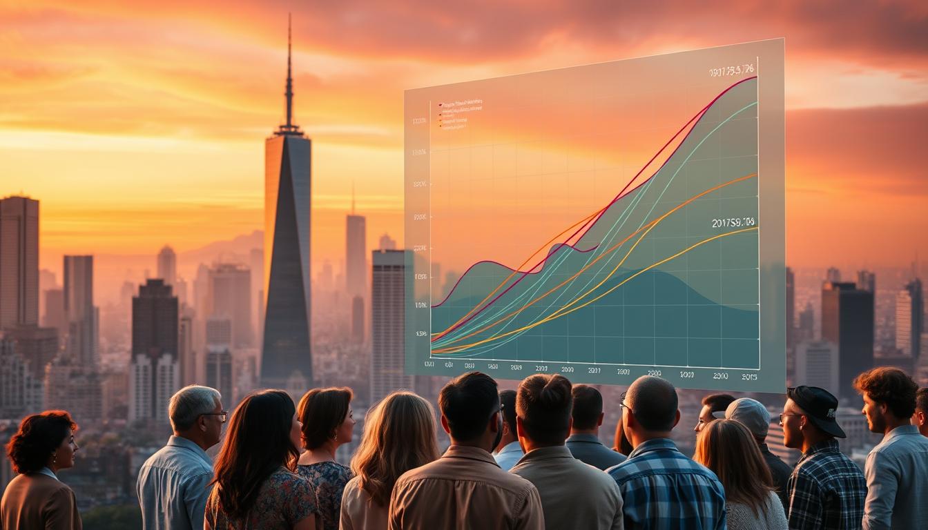 A bustling city skyline against a vibrant sunset, with a towering data visualization chart in the foreground. The chart displays intersecting lines and curves, representing the complex relationships between program initiatives and their population-level impact. In the middle ground, a group of diverse people, each with their own unique experiences, gathered around the chart, deep in discussion. Soft, warm lighting illuminates the scene, creating a contemplative and collaborative atmosphere. The background is hazy, suggesting the broader societal context that shapes these program outcomes. The overall composition conveys the notion of data-driven decision-making, community engagement, and the far-reaching influence of social impact initiatives.