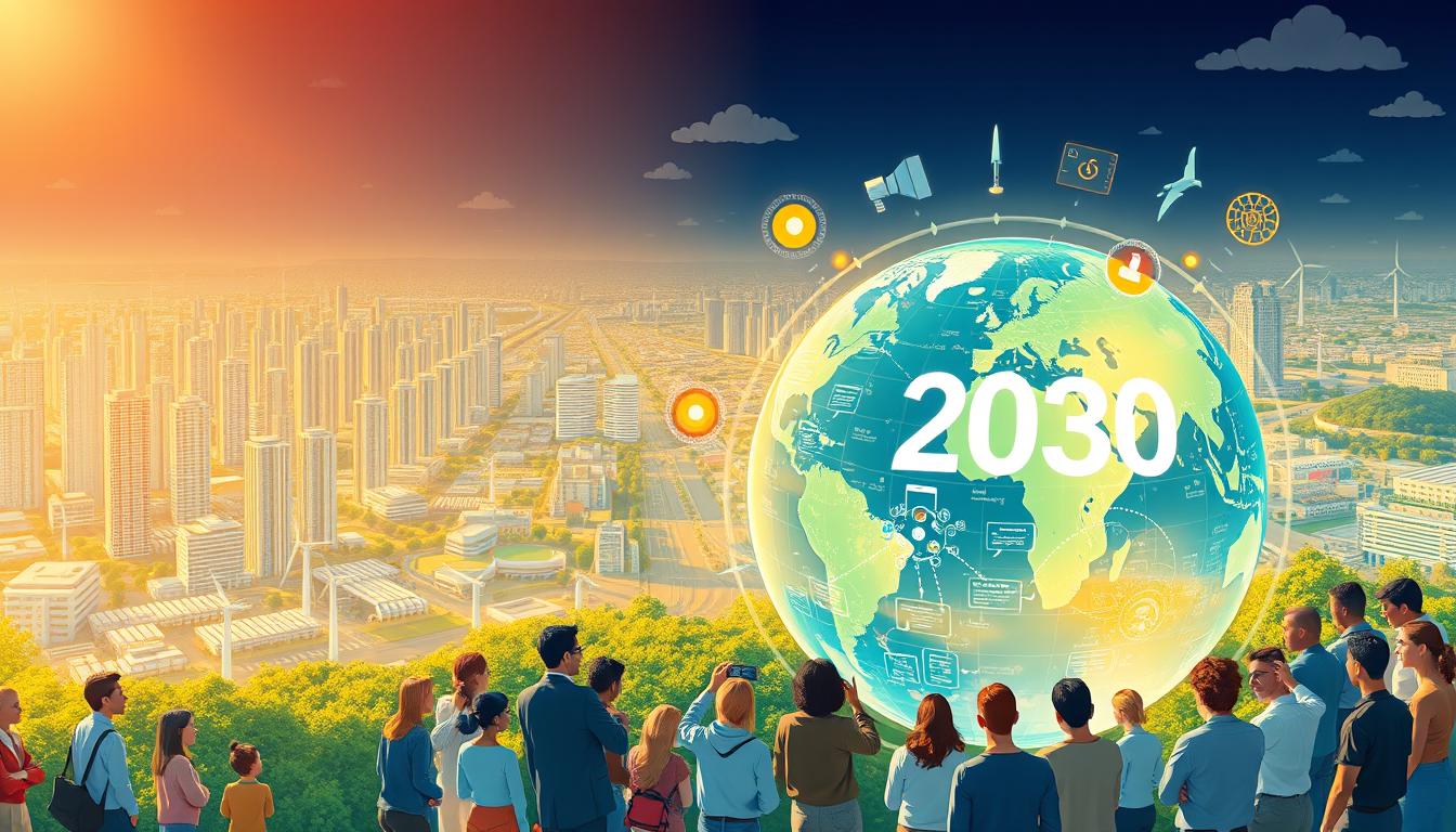 A vibrant, detailed illustration of the implementation of the 2030 Agenda for Sustainable Development. In the foreground, a diverse group of people from different backgrounds - policymakers, activists, community leaders - gathered around a large, holographic 3D globe, collaboratively mapping out strategies and initiatives. The middle ground features intricate data visualizations, flow charts, and interactive dashboards, conveying the complex, interconnected nature of the 2030 Agenda's goals and targets. In the background, a panoramic cityscape with skyscrapers, renewable energy infrastructure, and green spaces, representing the sustainable, equitable future envisioned by the 2030 Agenda. The scene is illuminated by a warm, golden light, conveying a sense of progress, optimism, and collective action.