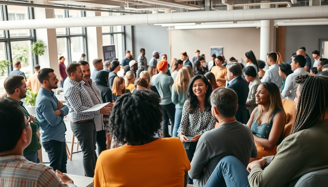 A bustling community hub, filled with diverse individuals collaborating on social enterprise projects. In the foreground, a group of entrepreneurs pitch their ideas to a panel of attentive investors, their expressions eager and hopeful. In the middle ground, a crowd of supporters and mentors engage in animated discussions, exchanging ideas and forging connections. The background depicts a modern, well-lit space with sleek furniture and large windows, allowing natural light to stream in and create a sense of openness and possibility. The overall atmosphere conveys a spirit of innovation, community, and a shared commitment to driving positive social change.