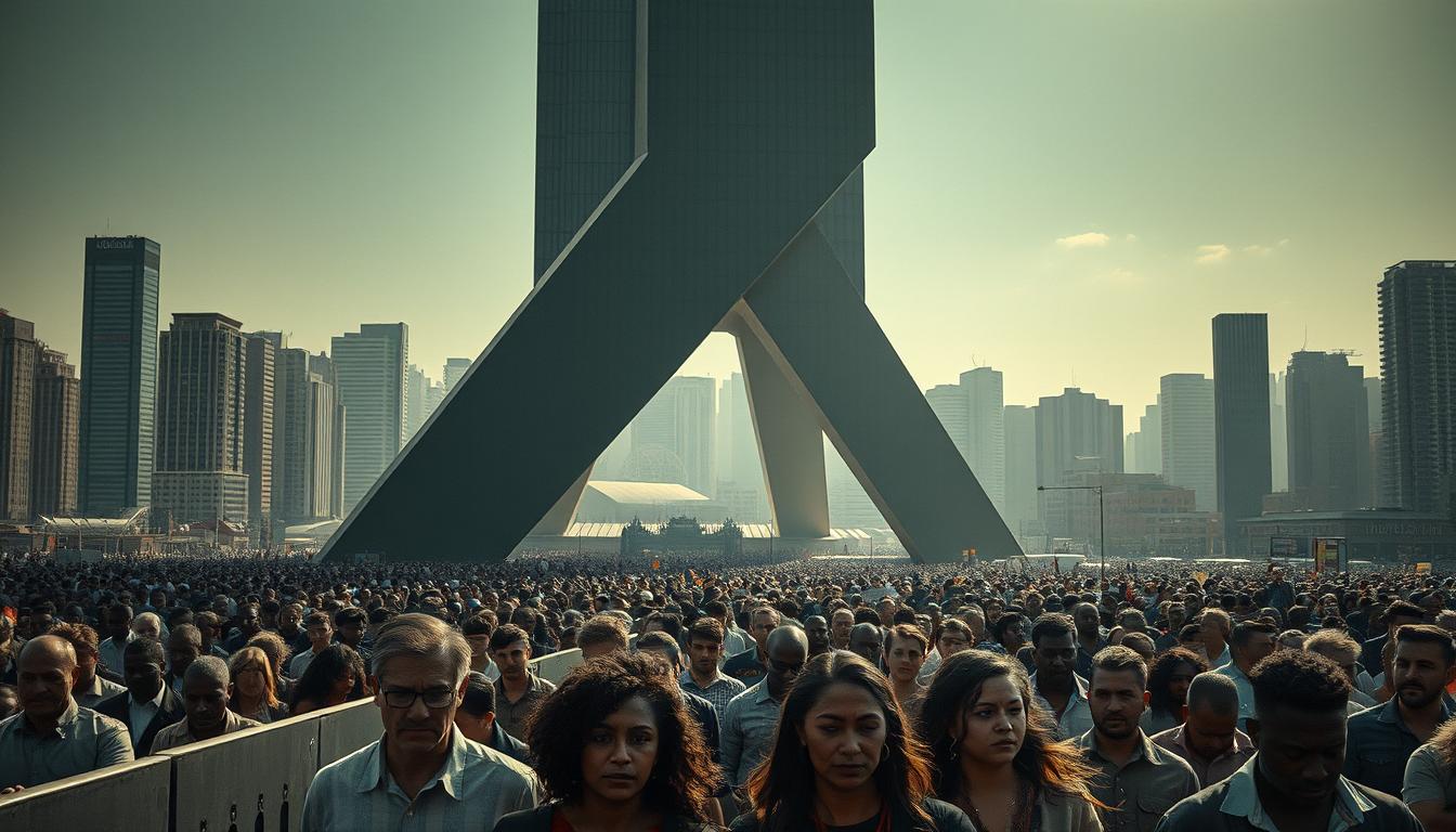 A towering, imposing structure of angular steel and glass, casting deep shadows across a bustling urban landscape. In the foreground, a diverse group of people navigating a maze of obstacles, each face etched with determination and resolve. The lighting is stark, creating a sense of tension and challenge. The scene conveys the weight of social issues, the complexities of change, and the resilience required to overcome them. Subtle hints of hope and unity emerge, suggesting the potential for progress amidst the obstacles.