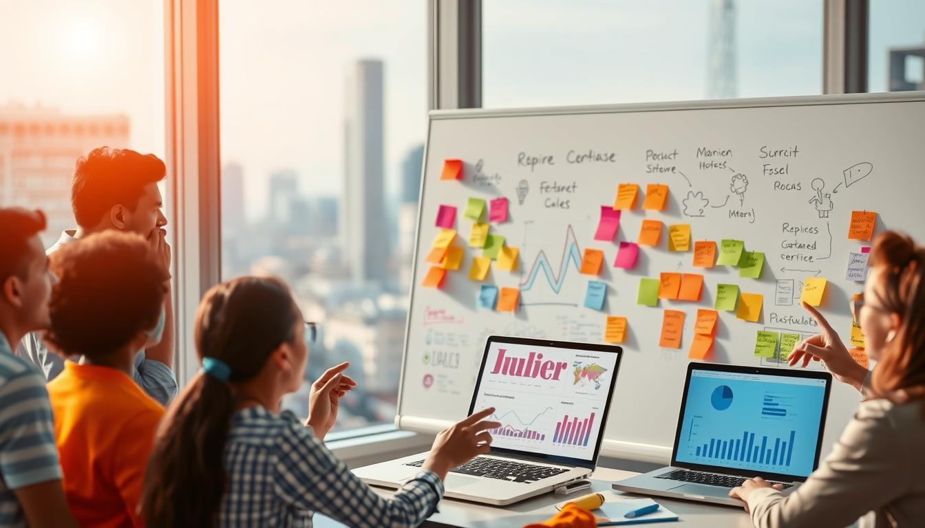 A vibrant, dynamic illustration of a social impact marketing strategy. In the foreground, a diverse group of people collaborate, brainstorming ideas on a whiteboard. Colorful sticky notes and sketches capture their creative energy. In the middle ground, a sleek laptop displays analytics and metrics, highlighting the data-driven approach. The background features a blurred cityscape, symbolizing the far-reaching impact of their efforts. Warm, natural lighting sets an inspiring, collaborative atmosphere. The scene conveys a harmonious blend of innovative thinking, strategic planning, and a commitment to driving positive social change.