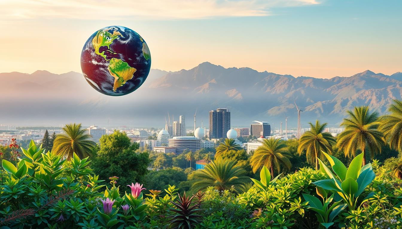 A serene, verdant landscape with a vibrant globe gently hovering above, symbolizing the interconnectedness of environmental, social, and governance factors in achieving global sustainability goals. In the foreground, an array of flourishing flora and fauna coexist harmoniously, representing the delicate balance of natural ecosystems. The middle ground features a modern, energy-efficient cityscape with sleek, sustainable architecture bathed in soft, warm lighting, conveying a sense of progress and innovation. The background showcases a breathtaking mountainous panorama, evoking a sense of grandeur and the importance of preserving the natural world. The overall composition conveys a feeling of hope, unity, and a shared responsibility towards a more sustainable future.