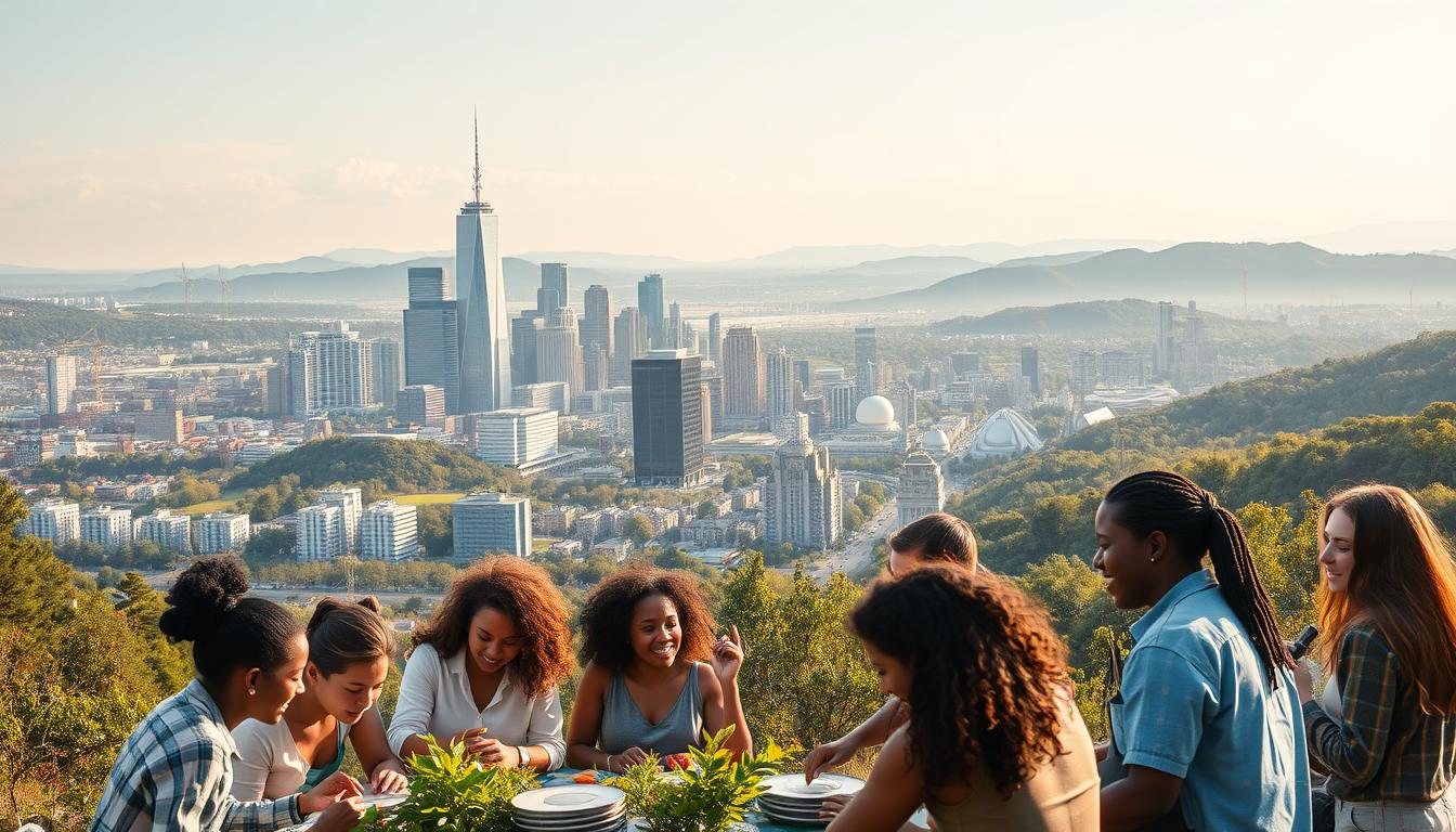 A serene landscape in 2030, showcasing the progress of the Sustainable Development Goals in the United States. In the foreground, a group of diverse individuals work collaboratively on sustainable initiatives, their faces alight with hope and determination. The middle ground features a bustling city skyline, where towering skyscrapers are adorned with renewable energy sources and green spaces. In the background, rolling hills and lush forests symbolize the restored balance between humanity and nature. The scene is bathed in warm, golden light, conveying a sense of optimism and unity as the nation embraces the 2030 Agenda for Sustainable Development.