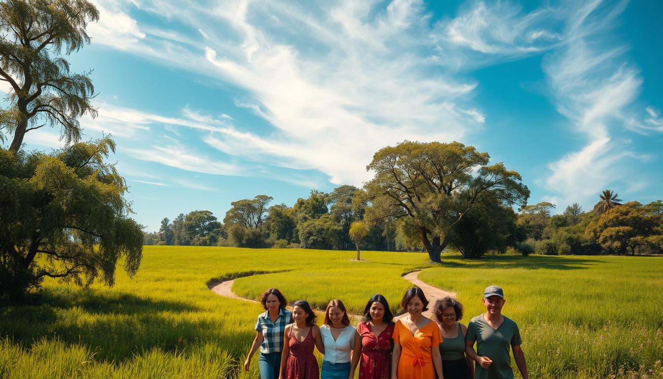 a lush, verdant meadow with a winding path leading through it, surrounded by towering trees with branches swaying gently in the breeze. in the foreground, a group of diverse people walking together, their faces expressing contentment and a sense of harmony with the natural environment. the sky is a brilliant blue, with wispy clouds casting soft shadows on the scene below. the lighting is warm and natural, accentuating the vibrant colors of the foliage. the overall mood is one of tranquility, sustainability, and a deep connection to the earth.