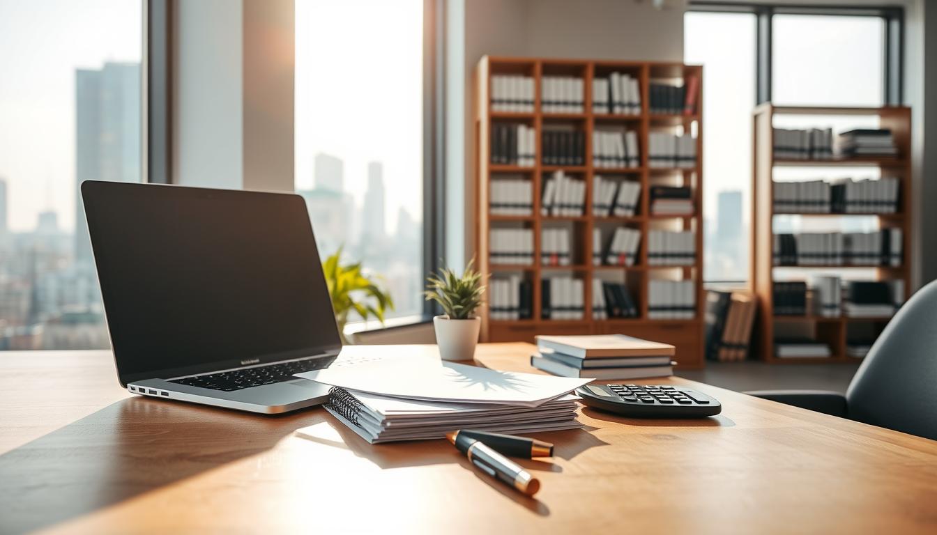 A sleek, modern office interior with large windows. In the foreground, a wooden desk features a laptop, a stack of legal documents, and a small potted plant. On the desk, a pen and a calculator symbolize the financial aspects. The middle ground showcases a bookshelf filled with legal and financial reference books. The background depicts a city skyline visible through the windows, with a hint of sunlight streaming in, creating a warm, professional atmosphere. The lighting is bright and natural, accentuating the clean, minimalist design. The angle is slightly elevated, giving an overview of the organized workspace, conveying the importance of establishing a strong legal and financial foundation for a startup.