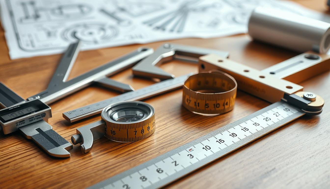 A well-lit, high-resolution photograph of a wooden table with various measurement tools neatly arranged upon it. The foreground features a steel ruler, a digital caliper, and a measuring tape in an inviting arrangement. The middle ground showcases a protractor, a set square, and a level, all gleaming under the soft, directional lighting. In the background, blurred but visible, are engineering schematics and blueprints, suggesting the professional context of these measurement instruments. The overall mood is one of precision, organization, and the careful consideration of metrics and indicators essential for effective social impact evaluation.
