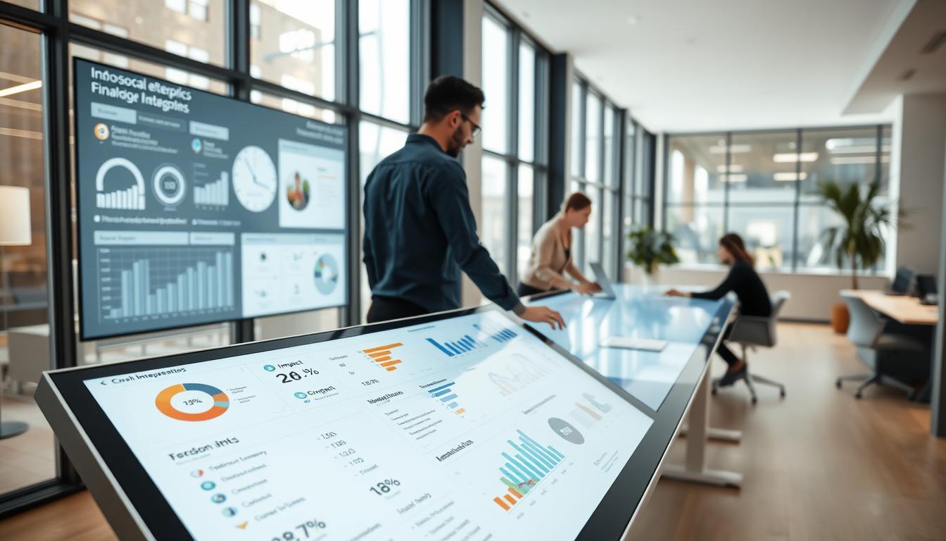 A sleek, modern office space with large windows, filled with infographic displays and data visualizations. In the foreground, a minimalist dashboard showcases key social enterprise metrics like impact, reach, and financial sustainability. In the middle ground, teams collaborate around a large touchscreen table, analyzing charts and graphs. The background features an open-plan layout with clean lines, muted colors, and a focus on user experience. Bright, even lighting casts an air of professionalism and transparency, reflecting the social enterprise's commitment to accountability and data-driven decision making.