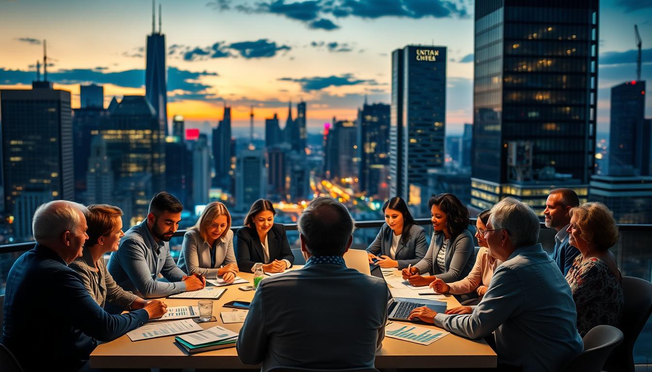 A bustling city skyline at dusk, with skyscrapers and modern architecture in the background. In the foreground, a diverse group of people - investors, entrepreneurs, and community leaders - gathered around a table, engaged in a lively discussion. The lighting is warm and inviting, creating a sense of collaboration and purpose. The table is adorned with documents, laptops, and financial charts, symbolizing the practical steps and decision-making process involved in impact investing. The atmosphere is one of determination and optimism, conveying the transformative potential of investing for social and environmental good.