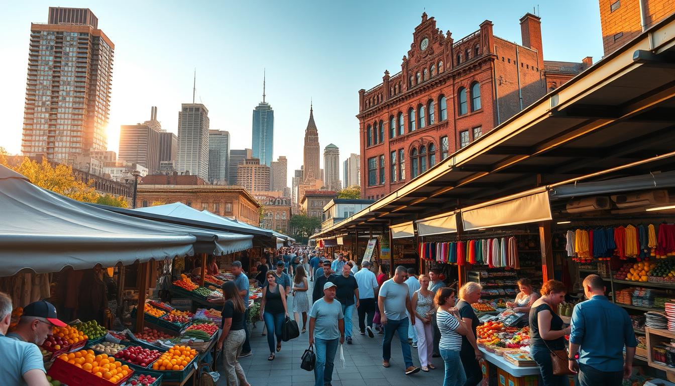 A bustling open-air market in a thriving American city, bathed in warm afternoon sunlight. In the foreground, colorful stalls overflowing with fresh produce, artisanal goods, and local crafts. Shoppers weave through the crowd, examining wares and haggling with friendly vendors. In the middle ground, a historic brick building with ornate architecture looms, framing the market scene. The background is a skyline of towering skyscrapers, a testament to the city's economic vitality. The overall atmosphere is one of vibrant activity, community, and the celebration of local entrepreneurship.
