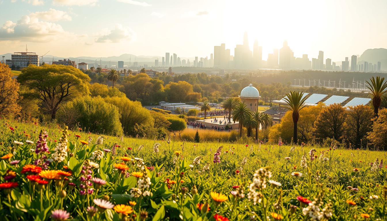A breathtaking landscape depicting the key benefits of ESG investing. In the foreground, a lush, verdant meadow with vibrant, diverse flora symbolizes the environmental sustainability and social responsibility of ESG. In the middle ground, a thriving community of people from diverse backgrounds, engaged in sustainable practices, represents the social impact. In the background, a modern city skyline with gleaming renewable energy infrastructure conveys the long-term financial resilience and growth potential of ESG investments. The scene is bathed in warm, golden sunlight, creating a serene, hopeful atmosphere that inspires a sense of positive change and a brighter, more sustainable future.